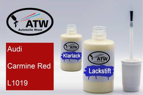 Audi, Carmine Red, L1019: 20ml Lackstift + 20ml Klarlack - Set, von ATW Autoteile West.